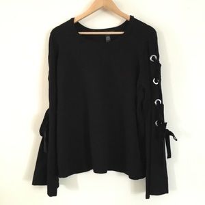 Black Lace-Up Long Bell Sleeve Sweater by ICW